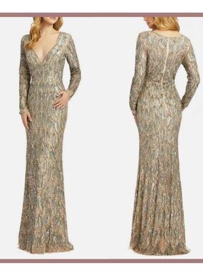 NWT Mac Duggal Metallic Silver-Beige Sequin V-Neck Evening Gown